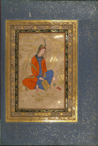Album of miniatures et calligraphie persanes, « Jeune femme assise tean un livre », Walters Manuscript W.671, fol.27b