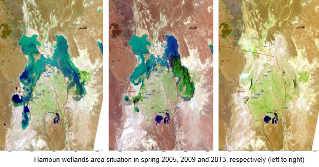 Les marécages de la région de Hamoun en 2005, 2009 et 2013.