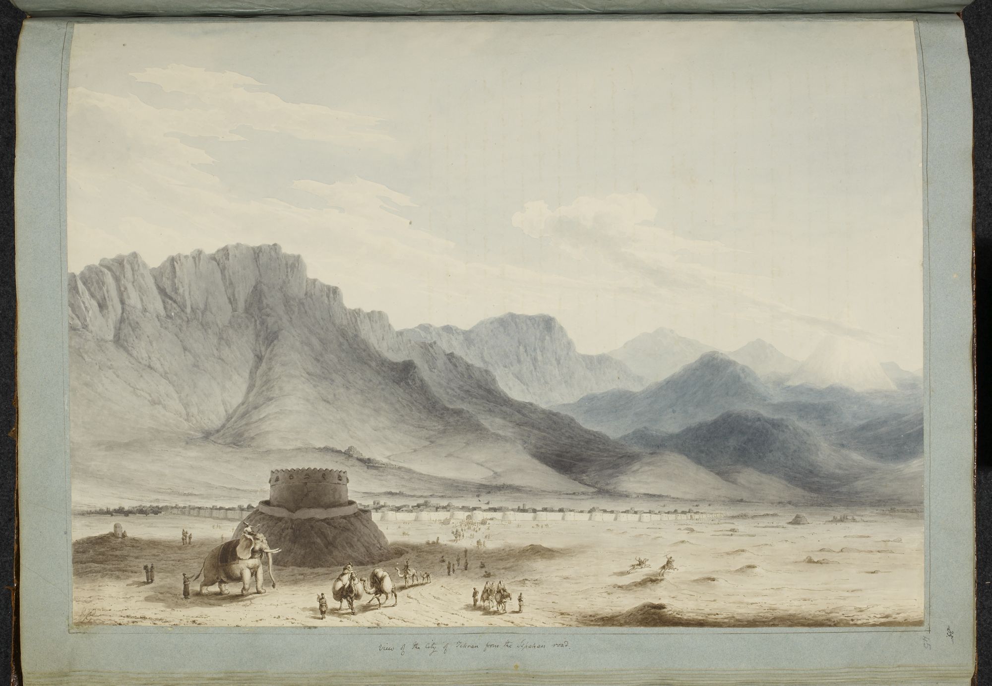 Téhéran en 1818, vue de la route d'Ispahan (aquarelle de Robert Ker Porter).