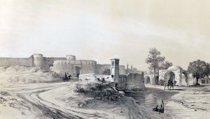 Porte de Chimrân en 1840 (Voyage en Perse, avec Flandin, éd. Gide et Baudry, 1851).