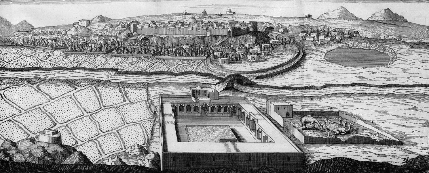 Izadkhast vers 1670 (« Voyages de Mr. Le Chevalier Chardin en Perse et autres lieux de l'Orient »).