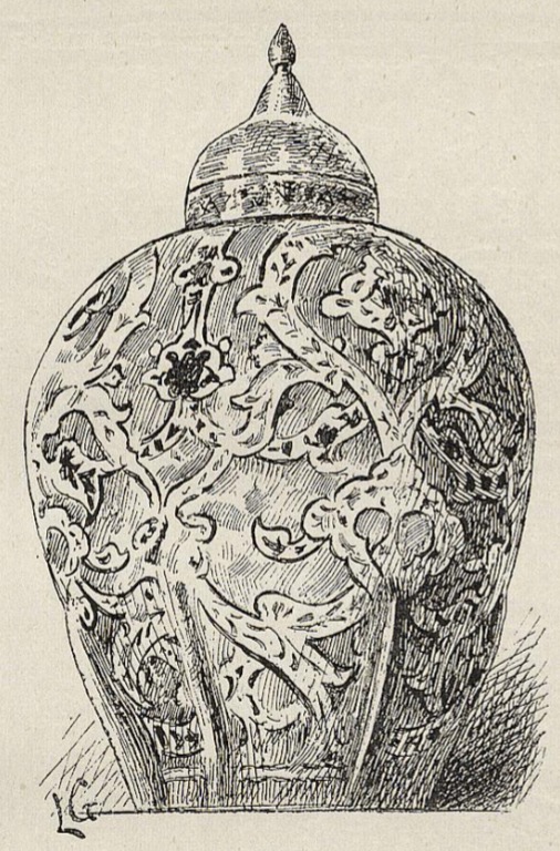 Grand vase en faïence polychrome, acheté par le South Kensington Museum. (Exposition Universelle de 1889.) — Dessin de Lucien Laurent-Gsell.
