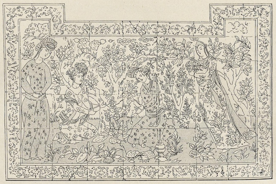 Grand panneau décoratif en faïence provenant d'un palais d'Ispahan (Dessin de J. Hugard).