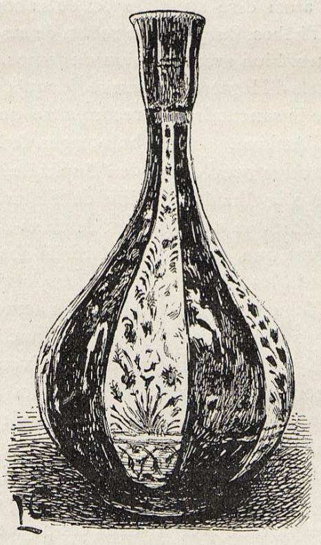 Petite bouteille en faïence émaillée à reflets métalliques. Pièce très rare. (Exposition Universelle de 1889.) Dessin de Lucien Laurent-Gsell.