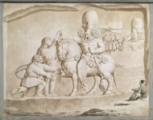 Un bas-relief sassanide à Nakshi-Roustam devant lequel Ker Porter est en train de l'esquisser. Porter se représente dessinant ce bas-relief montrant la reddition de Valérian à Shapur Ier.
