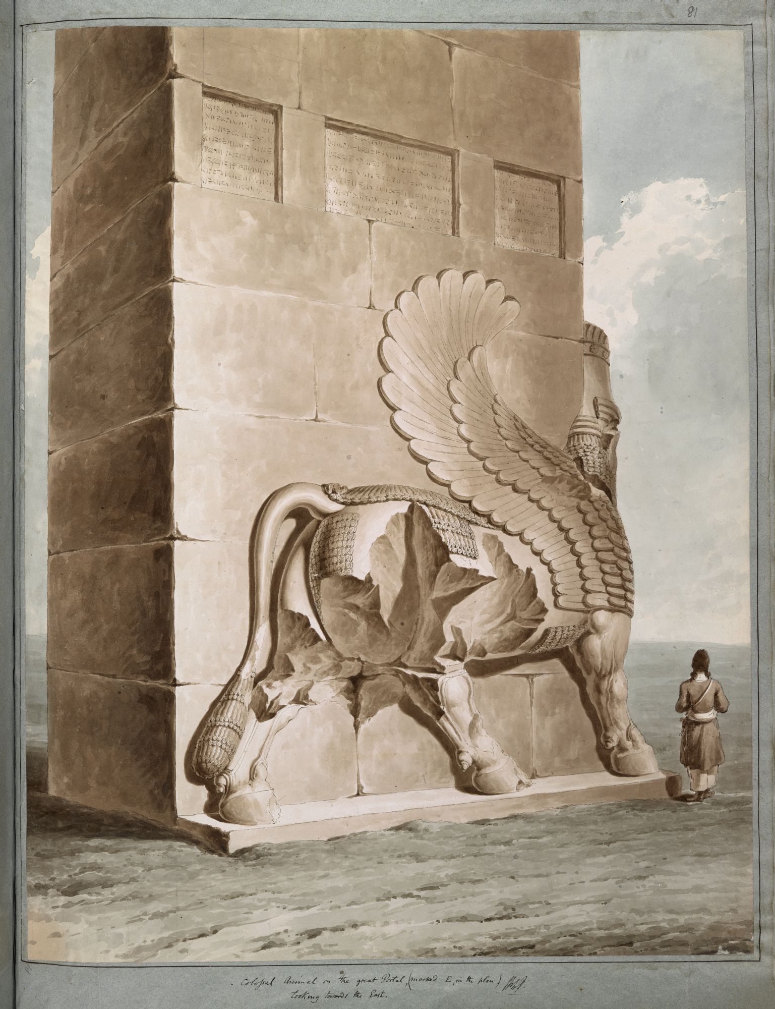 Taureau ailé à Persépolis. Le « lamassu », ou taureau ailé, était à l'origine un symbole de l'Empire assyrien, plus tard adopté par les dirigeants achéménides, comme on le voit ici dans les propylées de Persépolis.